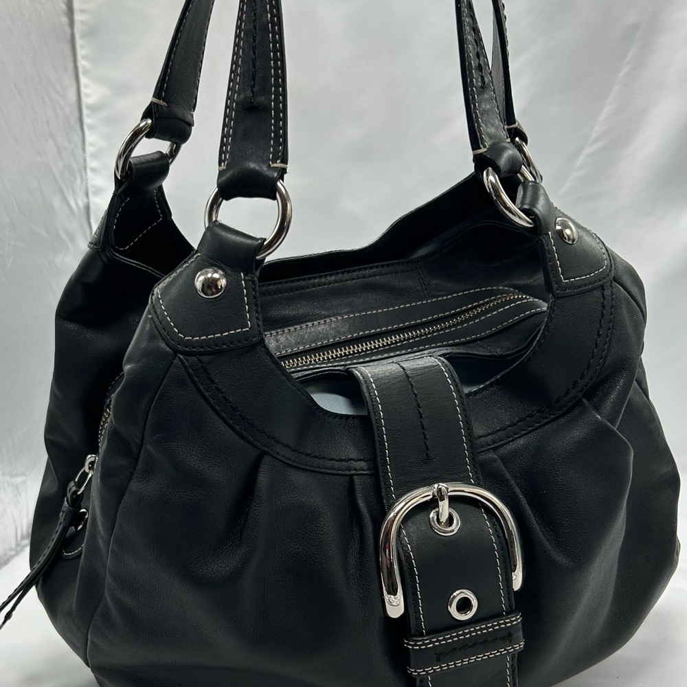 Genuine COACH Chic Black Leather Hobo Bag with Silver Accents